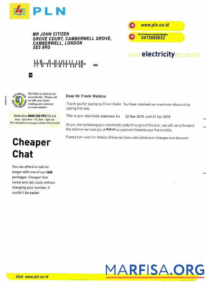 Printable Indonesia PLN electricity utility bill template, fully editable in PSD format
